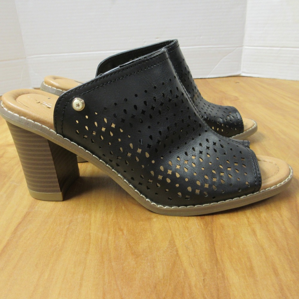 DR. SCHOLLS Promise Peep Toe Mule Block Heel Sandals Sz 8 Black Shoes NEW + FLAW